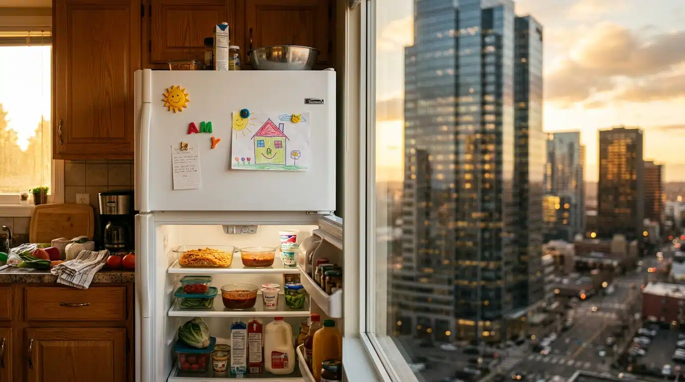 Contraste entre frigo familial modeste et empire commercial