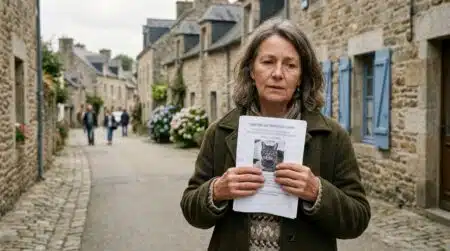 Femme affligée collant une affiche de chat perdu