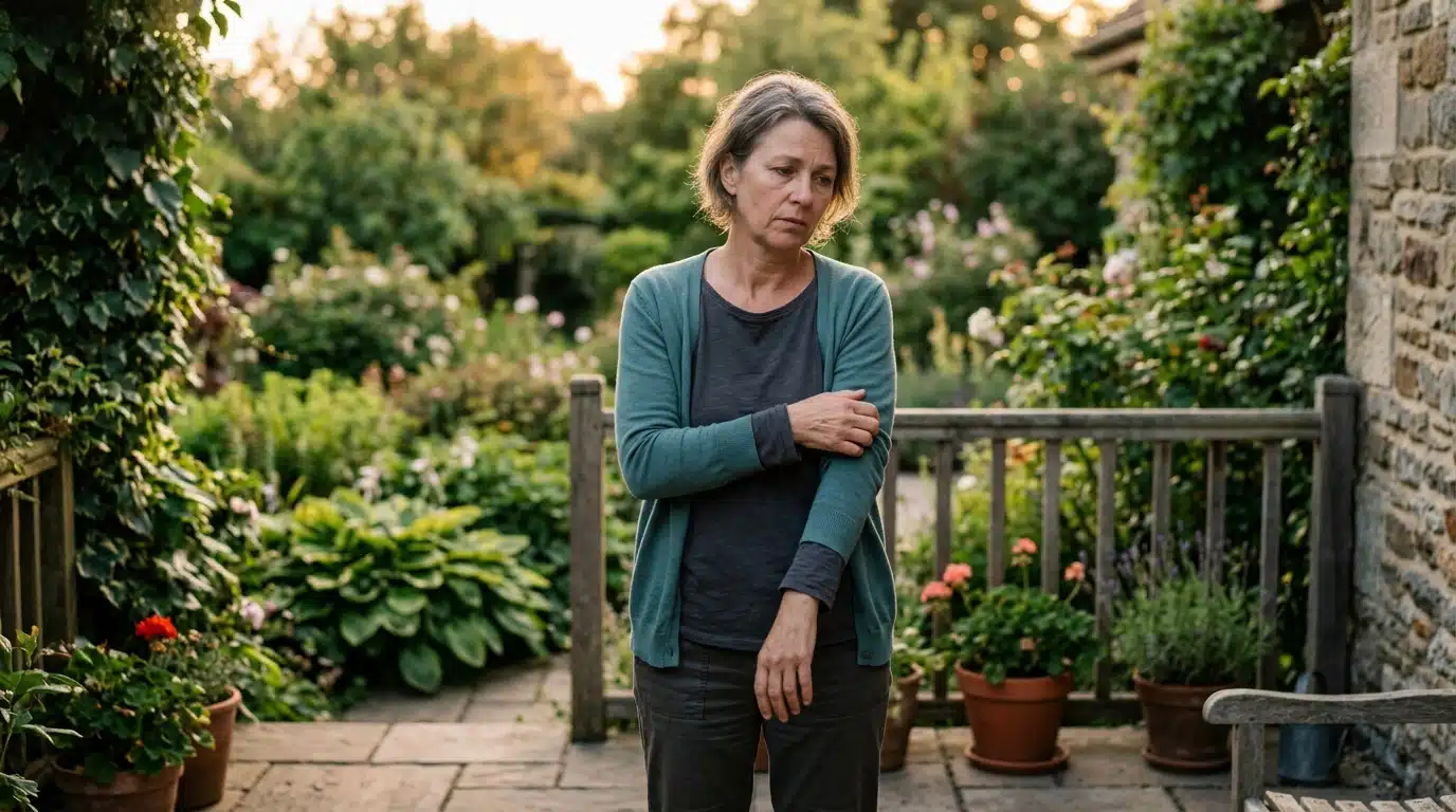 Femme se grattant le bras sur une terrasse au crépuscule