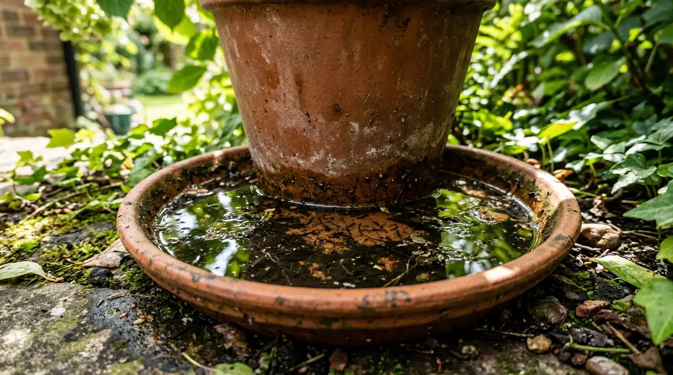 Soucoupe d'eau stagnante sous un pot de fleurs au jardin