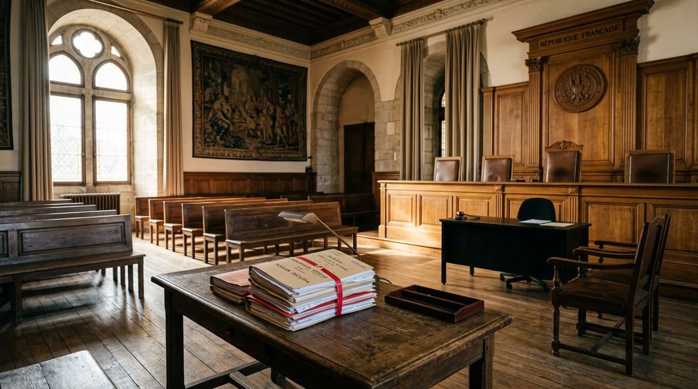 Salle de tribunal vide avec dossiers judiciaires