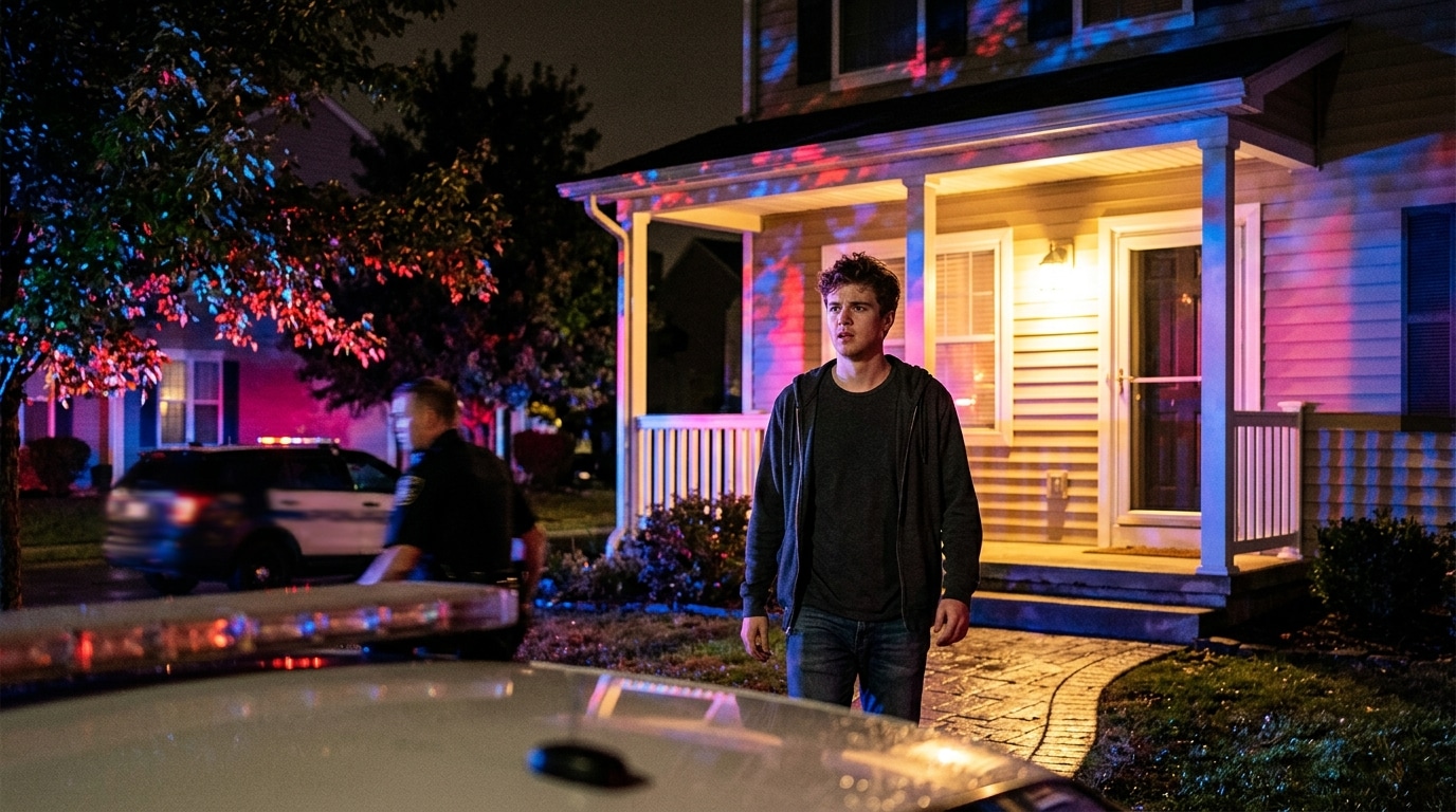 Maison de nuit avec lumières de police en arrière-plan