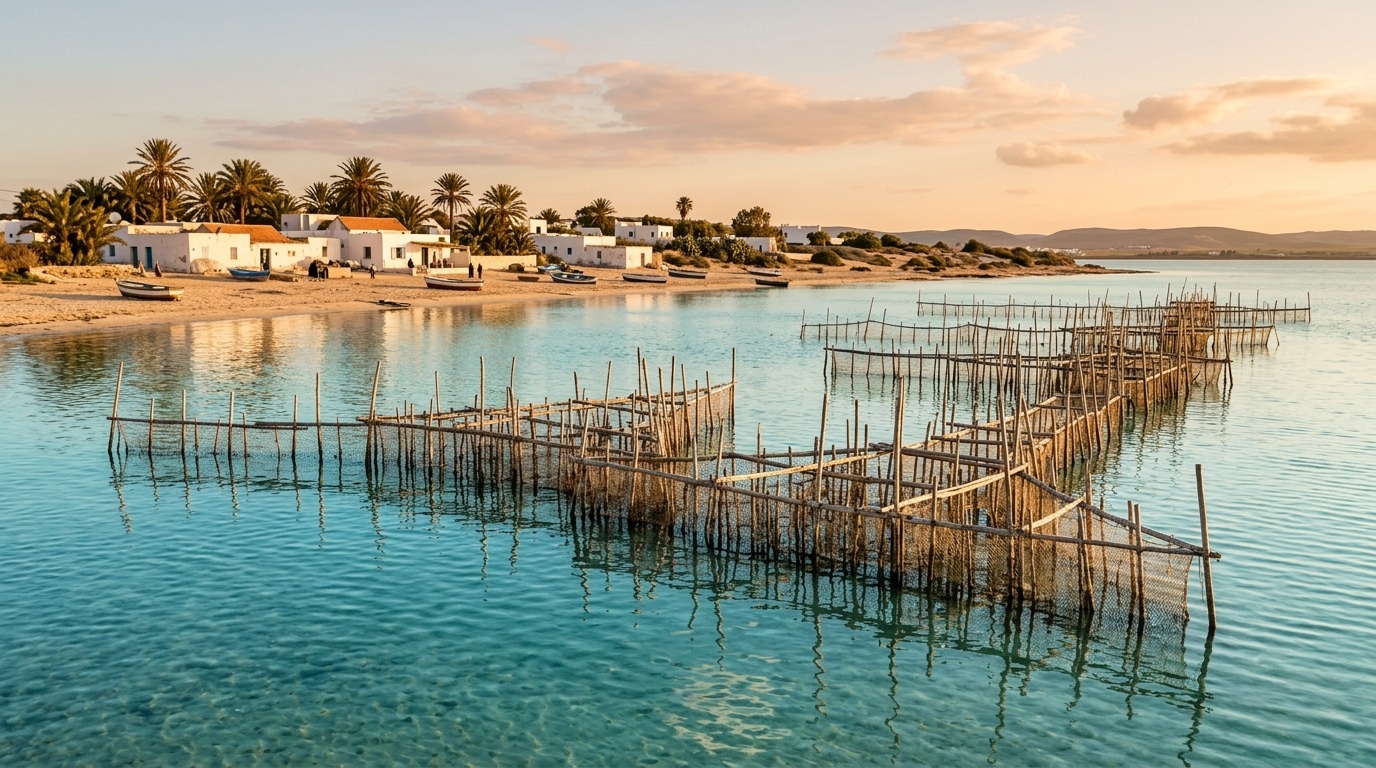 Pièges à poissons en bois dans lagune turquoise tunisienne