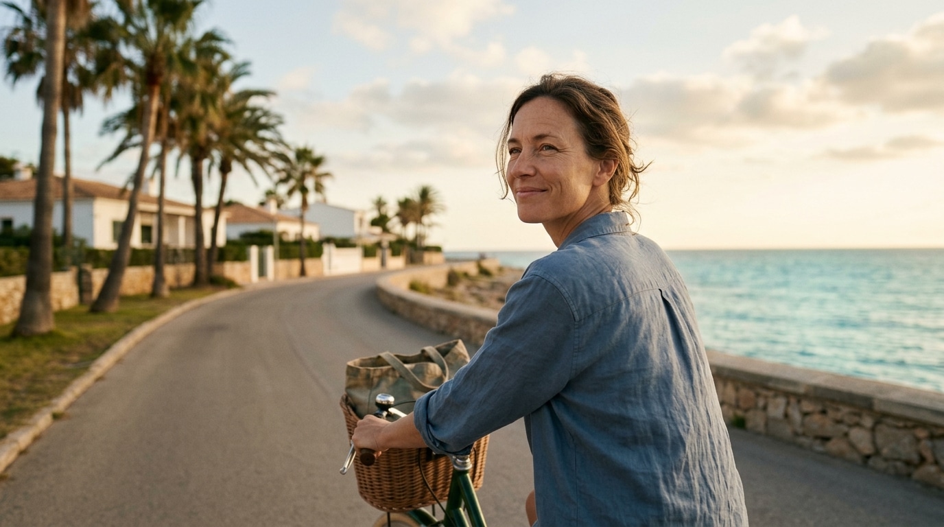 Cycliste souriant sur route bordée de palmiers