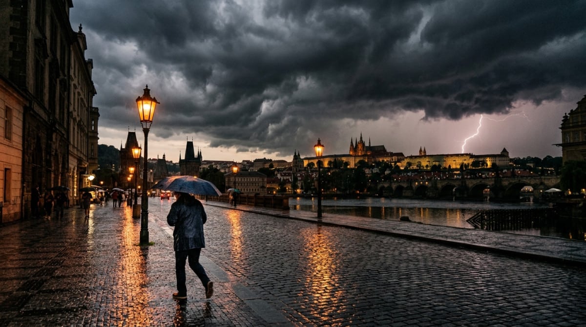 Orage approchant sur une ville avec passant et parapluie