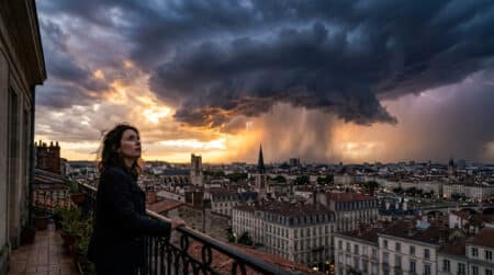 Orage et grêle au-dessus d'une ville française en été