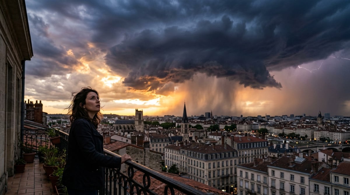 Orage et grêle au-dessus d'une ville française en été