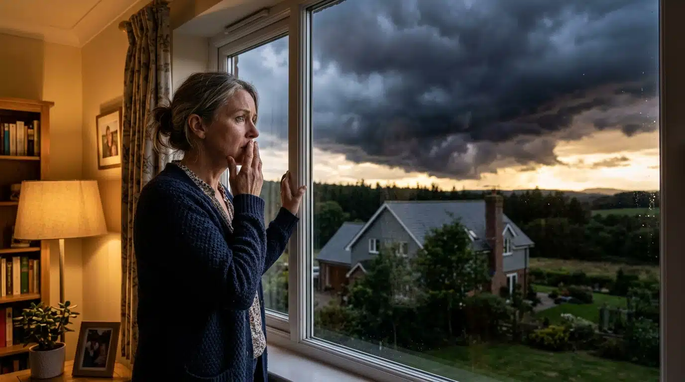 Femme inquiète regardant un orage approcher par la fenêtre