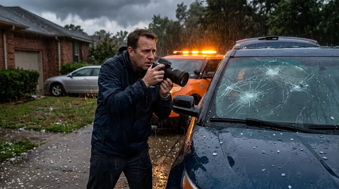 Homme photographiant des dégâts de grêle sur une voiture