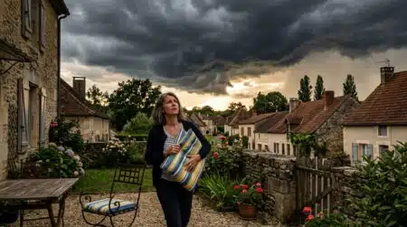 Femme rentrant les coussins de jardin avant l'orage