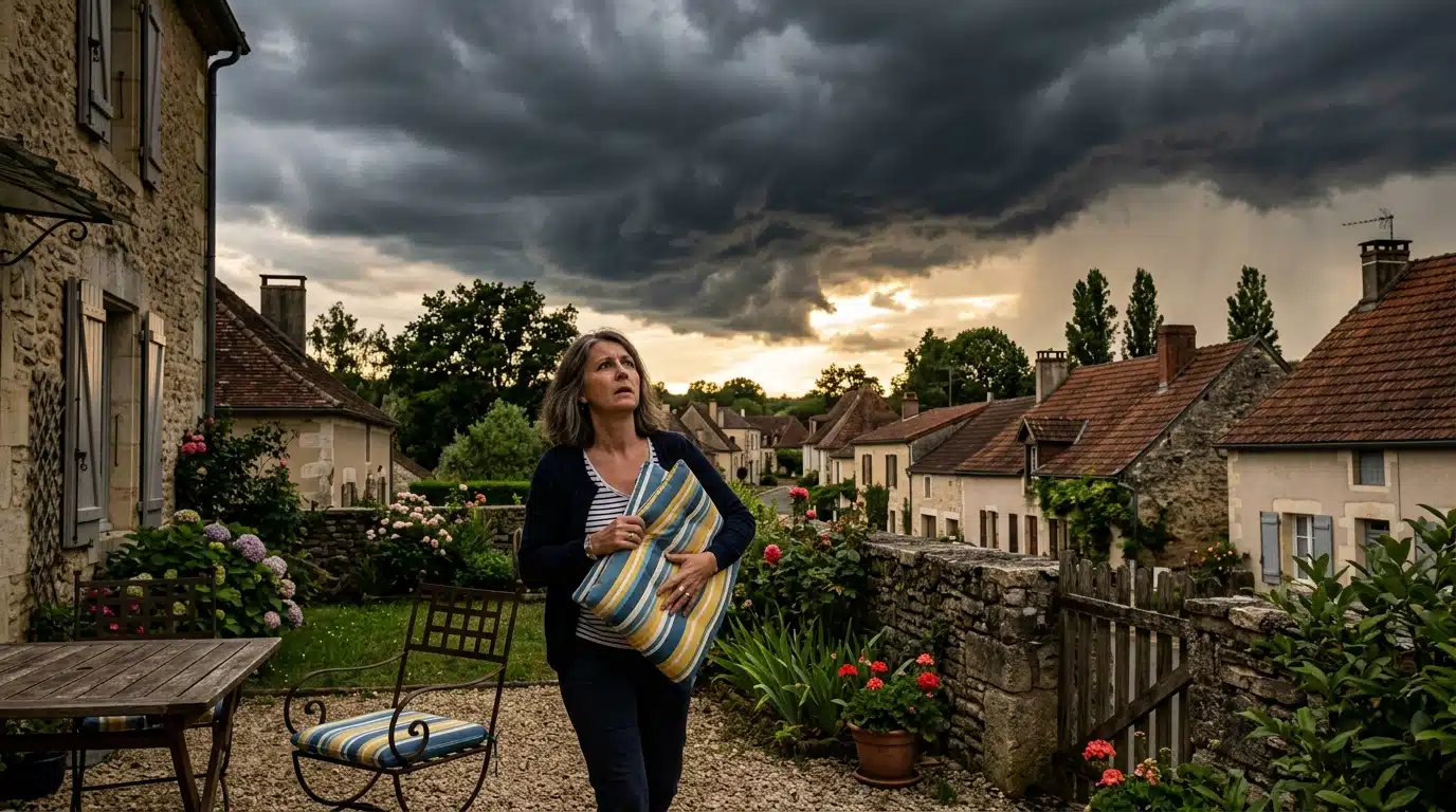 Femme rentrant les coussins de jardin avant l'orage