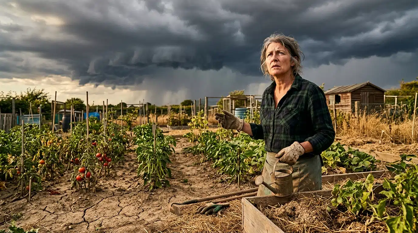 Femme inquiète face à un ciel d'orage au-dessus du potager