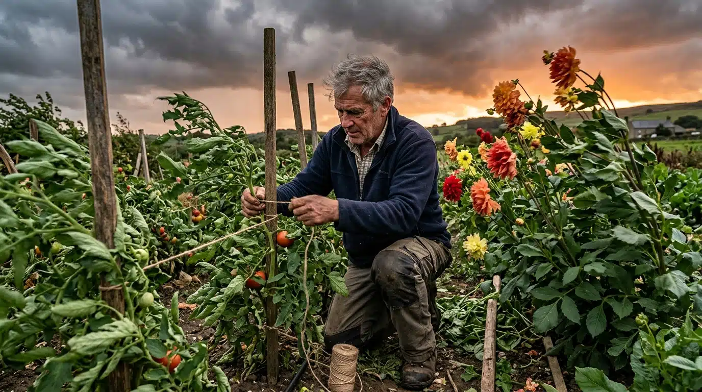 Homme tuteurant des tomates pendant un coup de vent