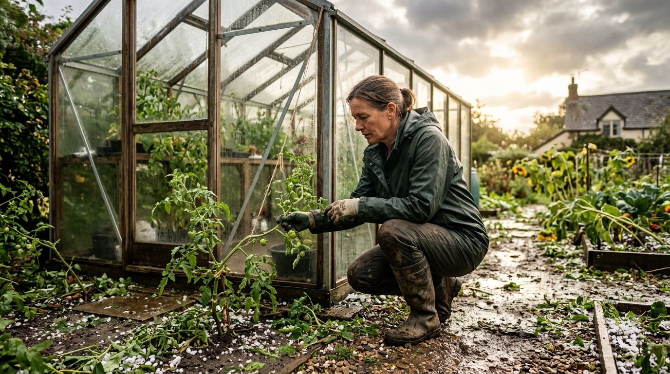 Jardinier vérifiant ses plants de tomates après un orage