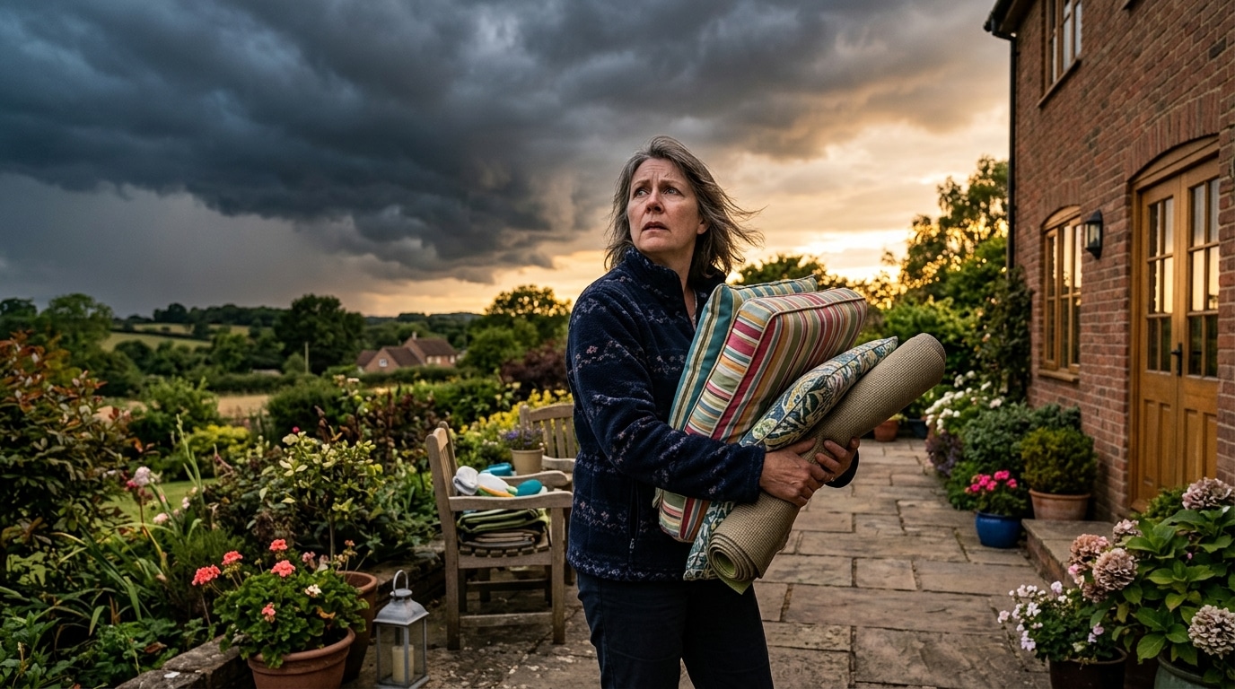 Femme regardant le ciel orageux avant de rentrer son mobilier