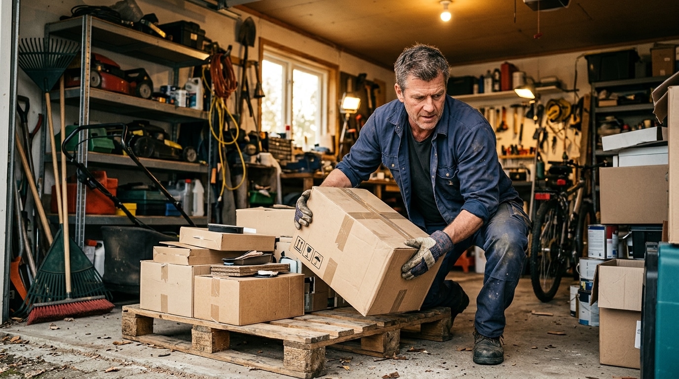 Homme surélevant des cartons dans son garage avant l'orage