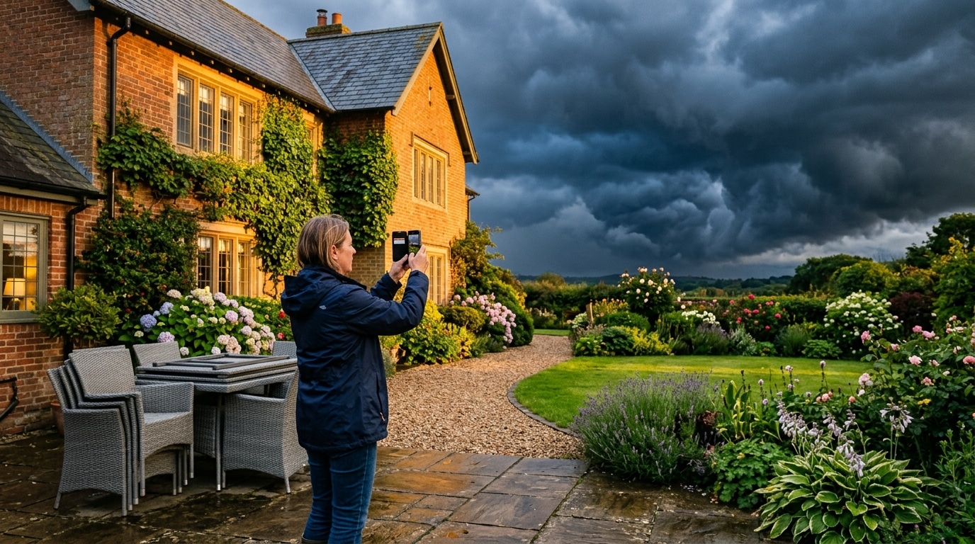 Femme photographiant son jardin avant l'épisode orageux