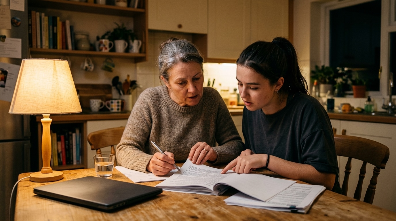 Parent et étudiant vérifient ensemble le contrat d'assurance habitation