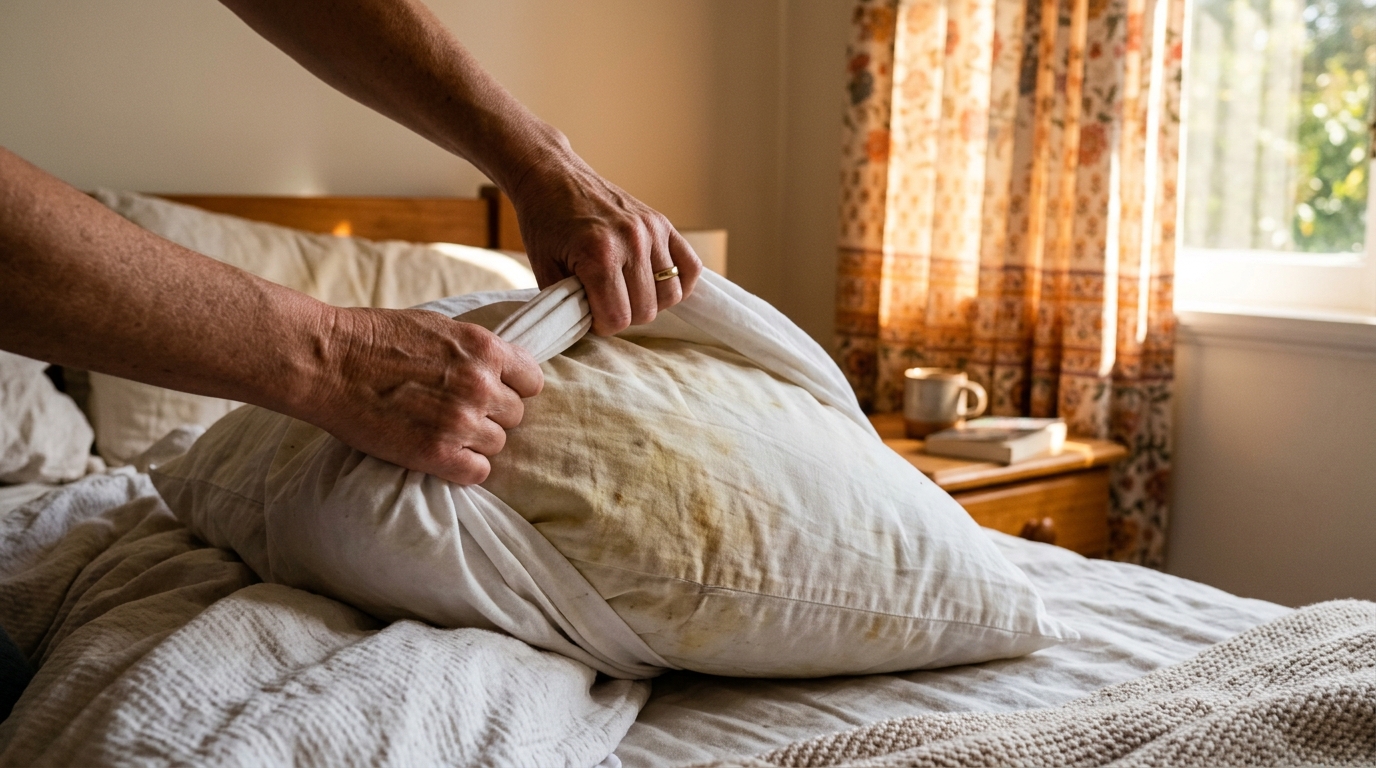 Mains retirant la taie d'un oreiller taché