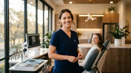Orthodontiste souriante dans son cabinet dentaire
