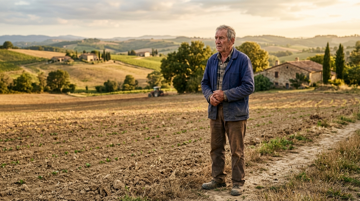 Agriculteur inquiet dans son champ dans le Tarn
