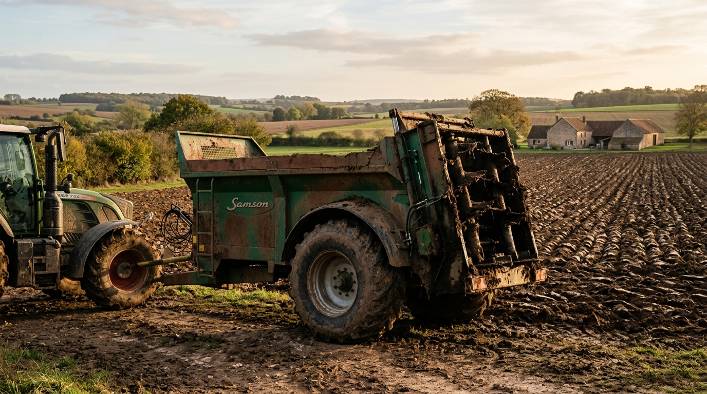 Épandeur à fumier dans un champ agricole français
