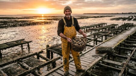 Ostréiculteur récoltant des huîtres au coucher du soleil