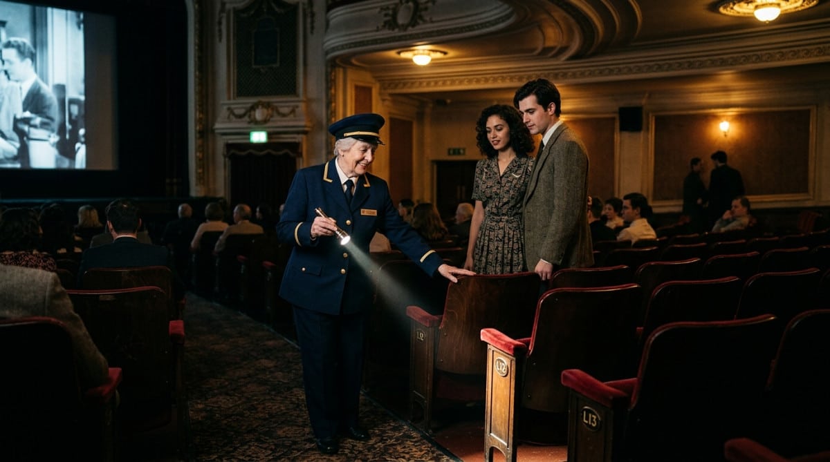 Ouvreuse guidant des spectateurs avec sa lampe torche