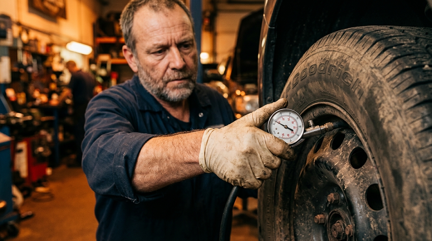 Mécanicien qui contrôle la pression d'un pneu au garage