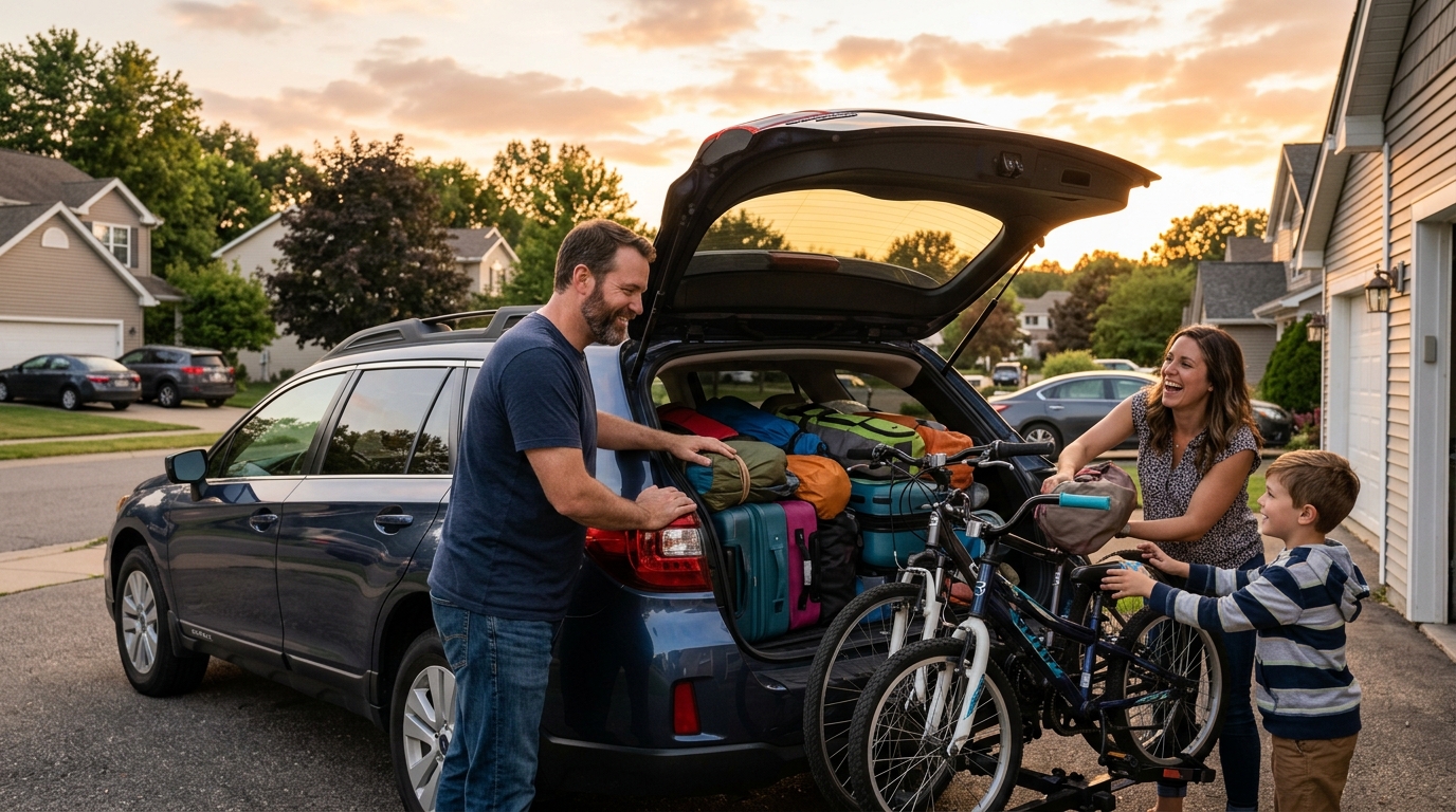 Famille qui charge sa voiture avant un départ en vacances