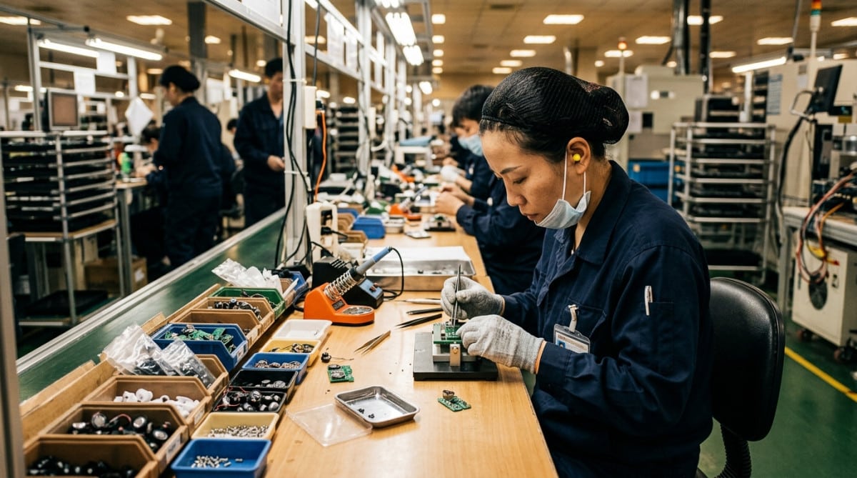 Ouvrier assemblant des composants d'écouteurs en usine