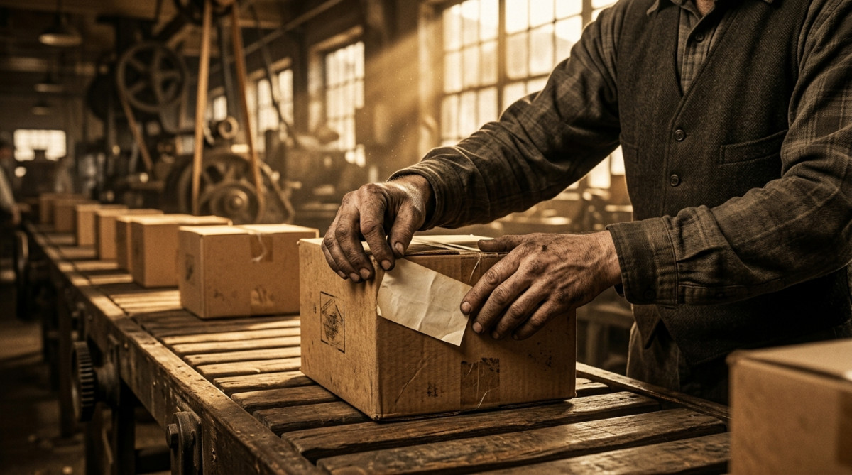 Ouvrier collant une étiquette sur un carton en usine