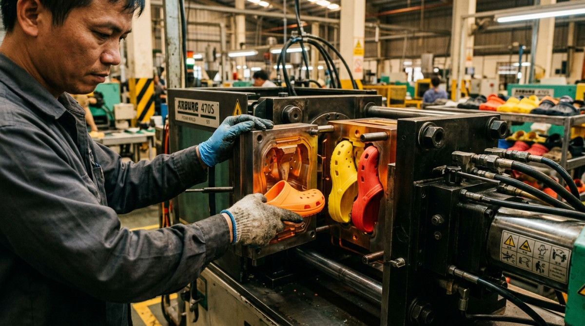 Ouvrier fabriquant des Crocs en usine par injection