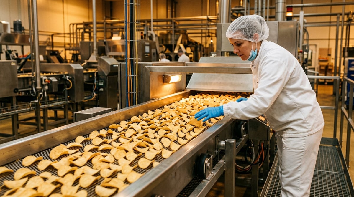 Ouvrier inspectant des chips extrudées en usine