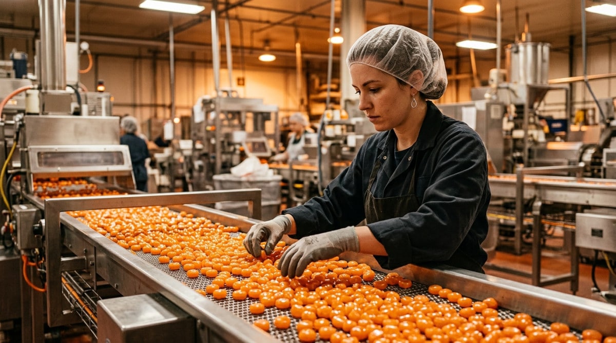 Ouvrier vérifiant des bonbons oranges sur une chaîne de production
