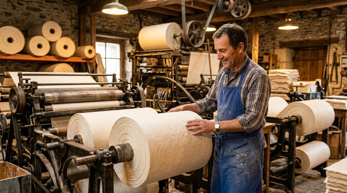 Ouvrier vérifiant du papier fin en usine papetière