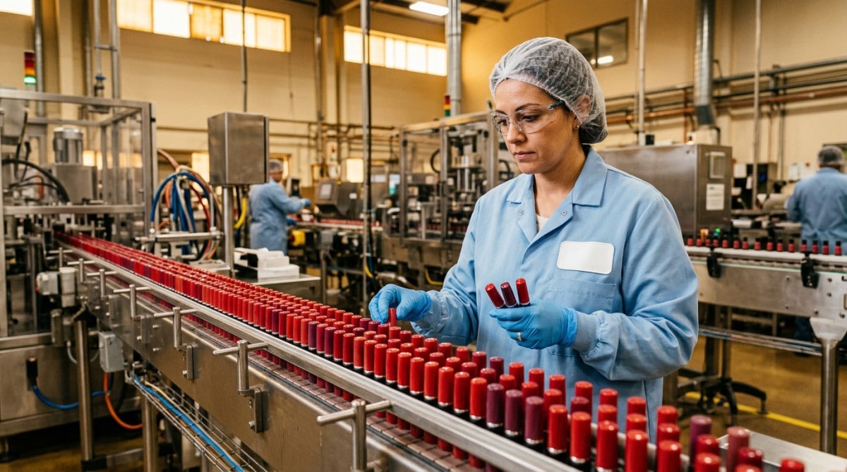 Ouvrière inspectant une chaîne de production de rouges à lèvres