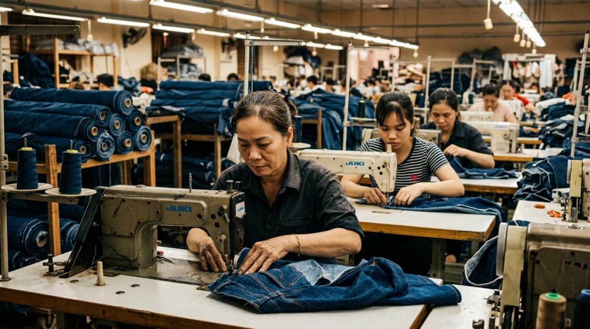 Ouvriers cousant du denim dans un atelier textile