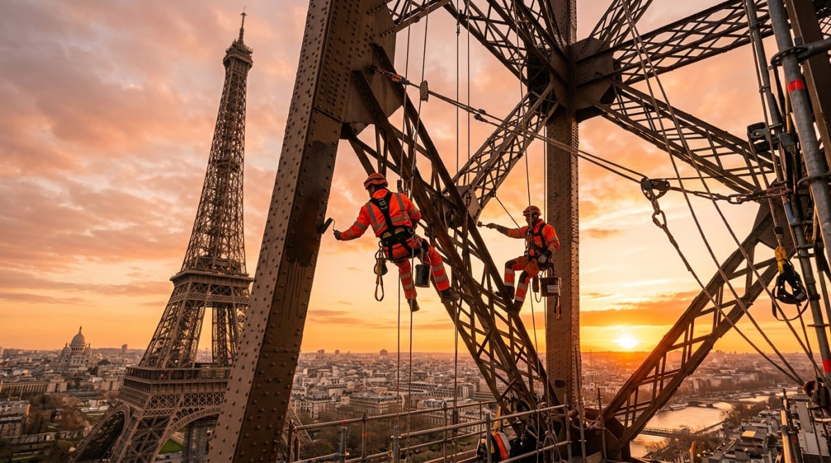 Ouvriers repeignant la structure métallique de la tour Eiffel