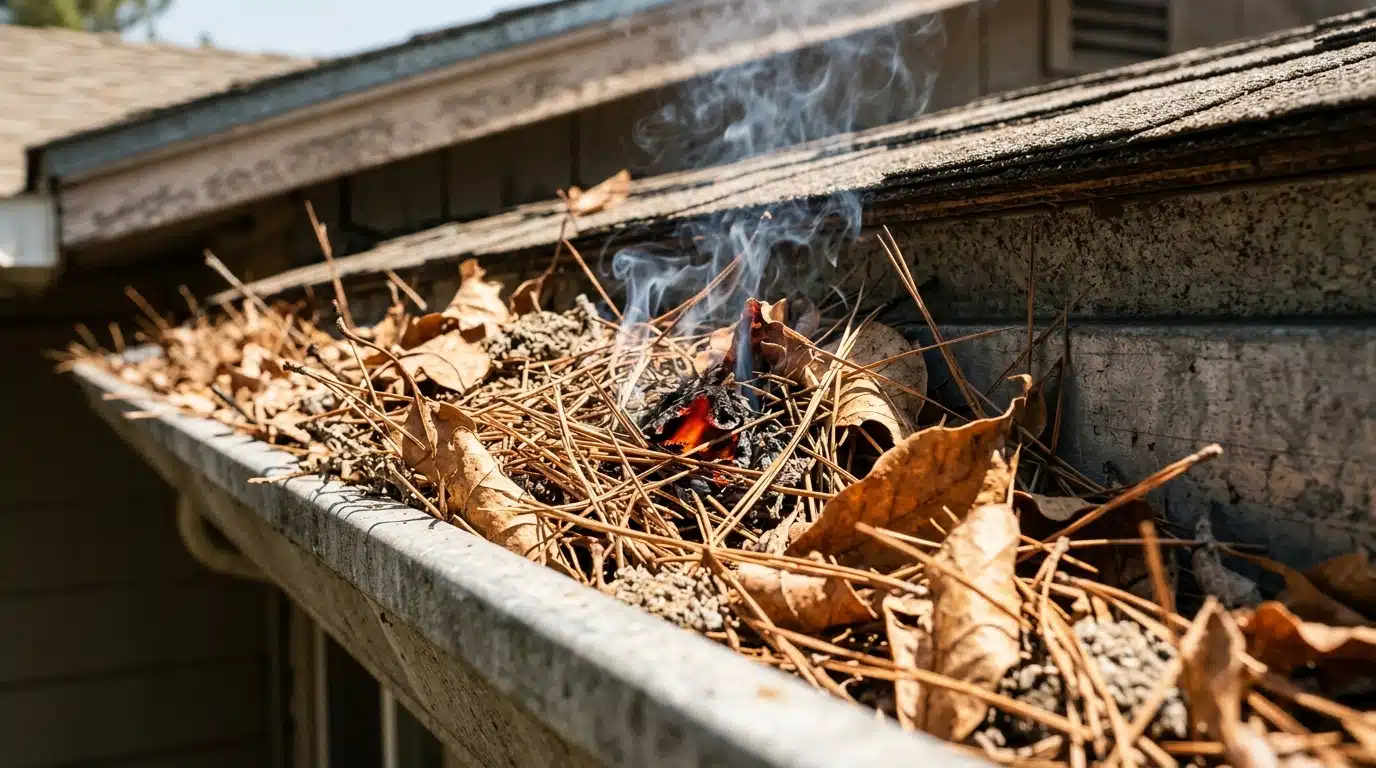 Braise couvant dans une gouttière remplie de feuilles sèches