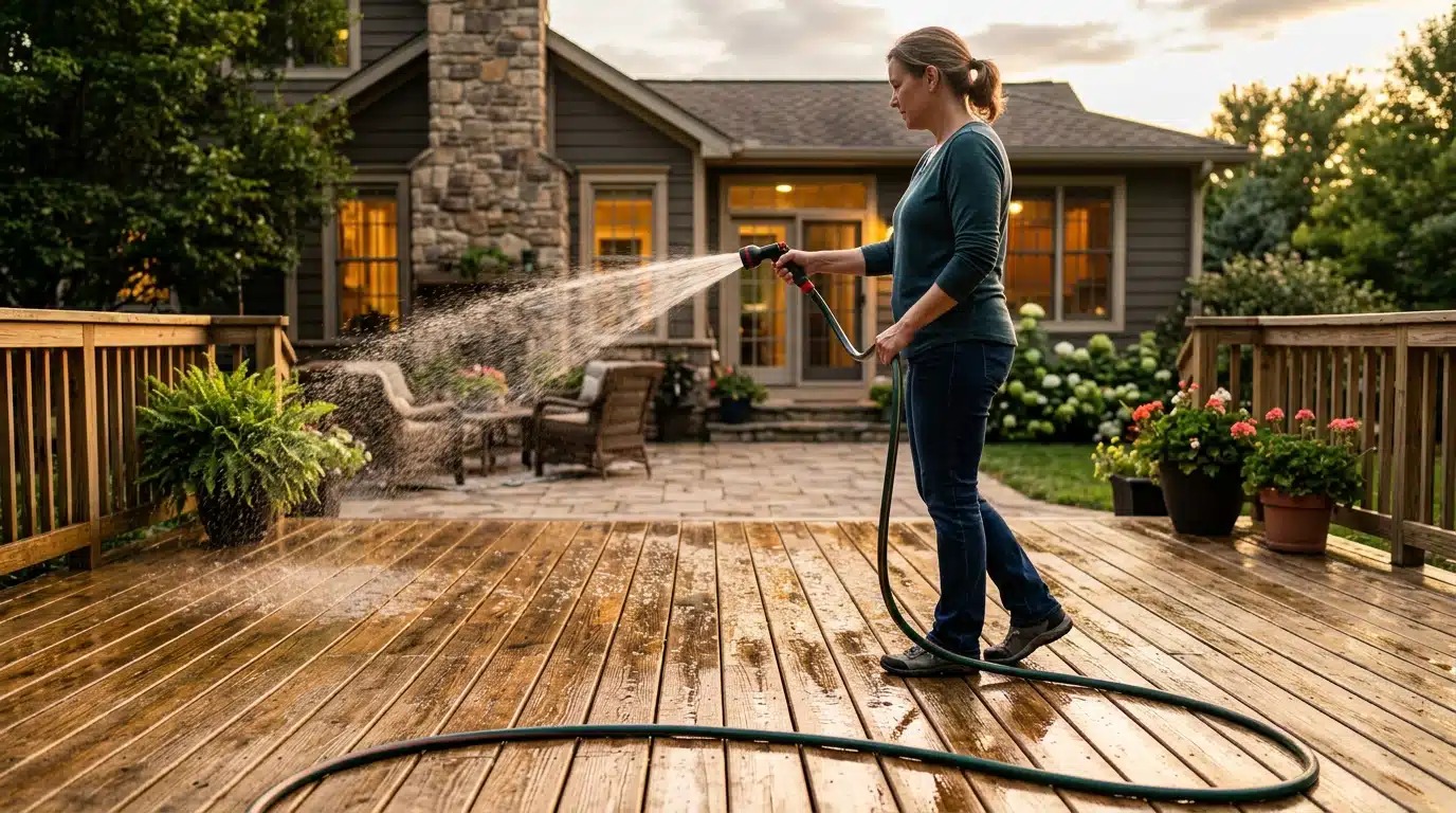 Propriétaire arrosant sa terrasse en bois par forte chaleur