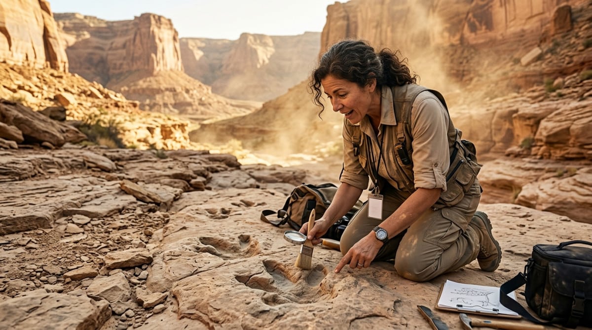 Paléontologue examinant des empreintes fossilisées de dinosaure