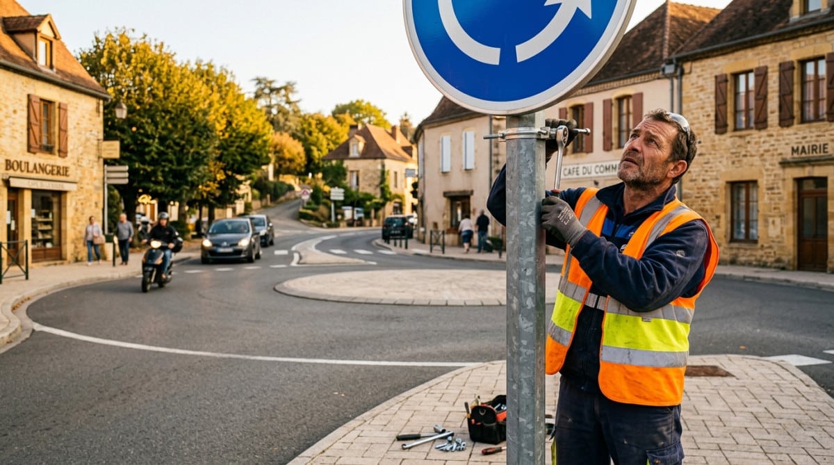 Panneau bleu de nom de rond-point installé en France