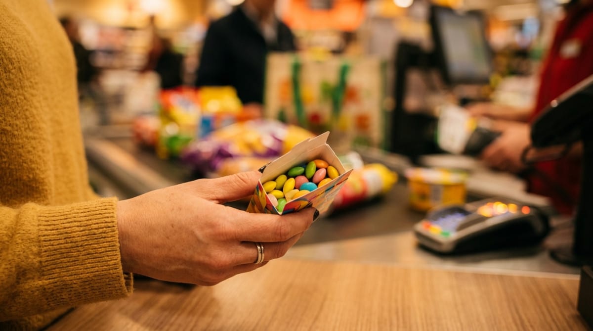Paquet de chewing-gums en caisse de supermarché