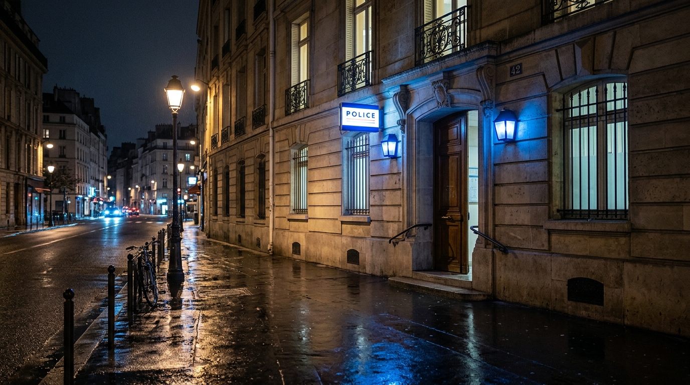 Devanture d'un commissariat de police parisien de nuit