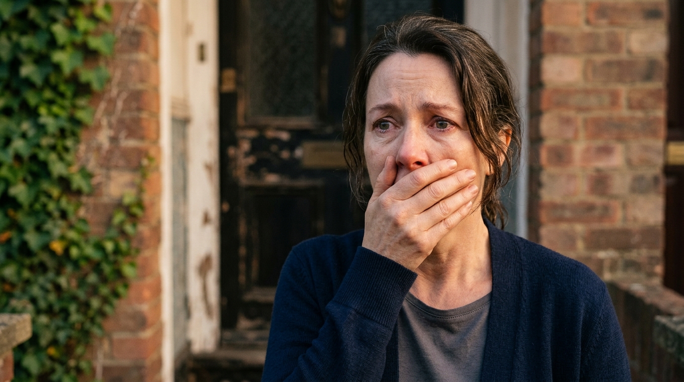 Femme bouleversée devant une porte de maison