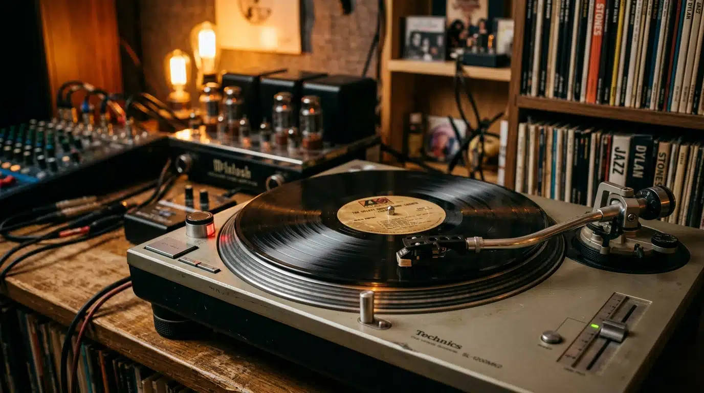 Vinyle tournant sur platine dans studio musical chaleureux