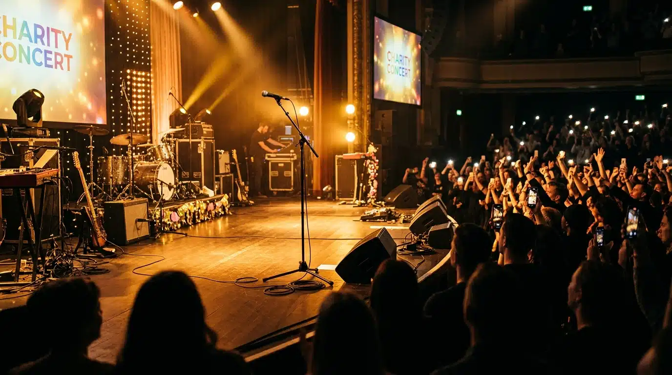 Concert de solidarité SOS incendies avec ambiance festive sur scène