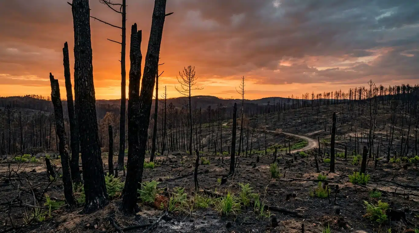 Forêt brûlée en Gironde après le passage des flammes