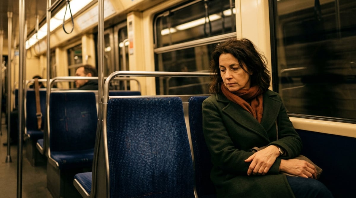 Passager assis sur un siège bleu marine du métro